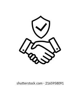 Handshake and shield icon. Business agreement with check mark and protect secure sign. World partnership symbol. Vector isolated on white.