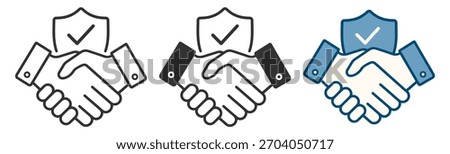 Handshake with shield icon. Business partnership, safety and trust concept on transparent background