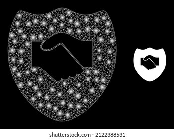 Handshake shield icon and constellation net mesh handshake shield model with illuminated spots. Illuminated constellation generated using handshake shield vector icon and triangulated mesh.