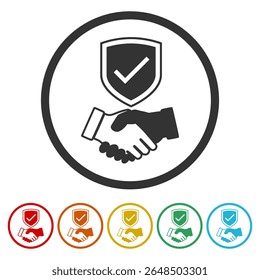 Aperto de mão e ícone de escudo. Definir ícones nos botões de círculo de cores