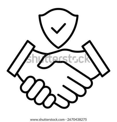 Handshake and shield line icon. Agreement concept with checkmark. Protect secure sign. Trust symbol. Vector isolated on white.