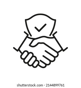 Handshake and shield line icon. International agreement concept with check mark. World partnership linear symbol. Vector isolated on white. - Shutterstock ID 2144899761