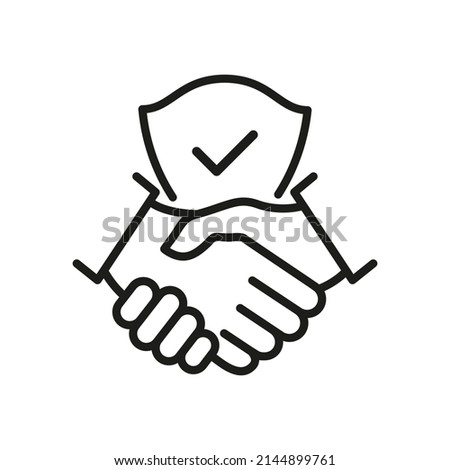 Handshake and shield line icon. International agreement concept with check mark. World partnership linear symbol. Vector isolated on white.