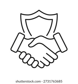 Handshake With Shield Line Icon. Trust, Security, And Partnership Assurance Outline Symbol. Business Agreement And Protection. Editable Stroke. Isolated Vector Illustration.