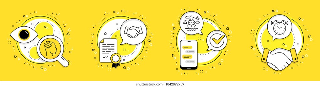 Handshake, Ship travel and Engineering line icons set. Licence, cell phone and deal vector icons. Alarm clock sign. Deal hand, Cruise transport, Cogwheel head. Time. Handshake speech bubble. Vector