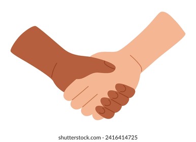 Handshake sign. Black and white business people shake hands. Business agreement hand gesture. Vector illustration in hand drawn style