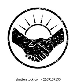 Handshake sign. Grunge style icon. Symbol of greeting, business, treaty and agreement. Gesture of brotherhood, reconciliation. Stamp for envelope design, business correspondence, banners. Vector