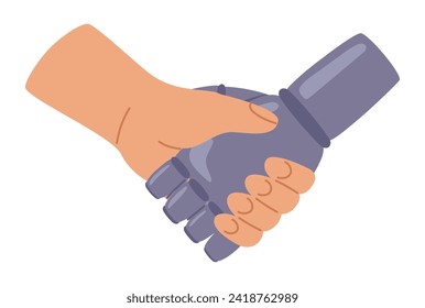 Handshake sign. Human and robot shake hands. Collaboration between humans and robots. Modern technological possibilities. Business agreement hand gesture. Vector illustration in hand drawn style