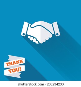 Handshake sign icon. Successful business symbol. White flat icon with long shadow. Paper ribbon label with Thank you text. Vector