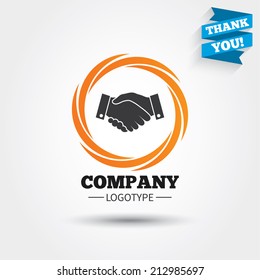 Handshake sign icon. Successful business symbol. Business abstract circle logo. Logotype with Thank you ribbon. Vector