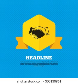 Handshake sign icon. Successful business symbol. Yellow label tag. Circles seamless pattern on back. Vector
