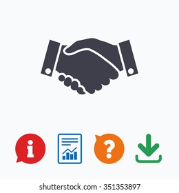 Handshake sign icon. Successful business symbol. Information think bubble, question mark, download and report.