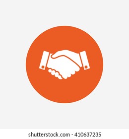 Handshake sign icon. Successful business symbol. Orange circle button with icon. Vector