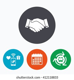 Handshake sign icon. Successful business symbol. Mobile payments, calendar and wifi icons. Bus shuttle.