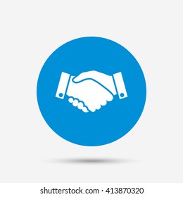 Handshake sign icon. Successful business symbol. Blue circle button with icon. Vector