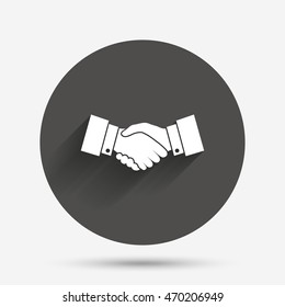 Handshake sign icon. Successful business symbol. Circle flat button with shadow. Vector