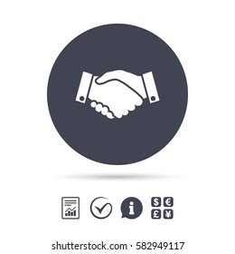 Handshake sign icon. Successful business symbol. Report document, information and check tick icons. Currency exchange. Vector