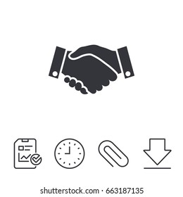 Handshake sign icon. Successful business symbol. Report, Time and Download line signs. Paper Clip linear icon. Vector