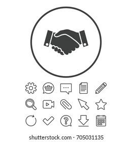 Handshake sign icon. Successful business symbol. Document, Chat and Paper clip line signs. Question, Pencil and Calendar line icons. Star, Download and Shopping cart. Vector