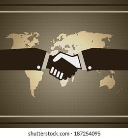 Handshake sign on world map background business poster design illustration