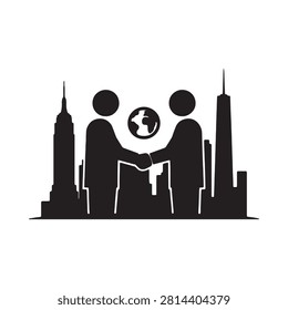 Handshake Silhouette With World Globe And Cityscape Background