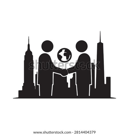 Handshake Silhouette With World Globe And Cityscape Background