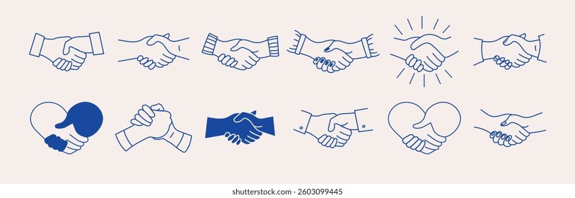 Handshake simple set. A symbol of partnership and agreement for apps, UI, websites, and design elements. Collection of human arms with different handshake variations. Vector illustration.