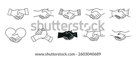 Handshake simple set. A symbol of partnership and agreement for apps, UI, websites, and design elements. Collection of human arms with different handshake variations. Vector illustration.