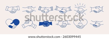 Handshake simple set. A symbol of partnership and agreement for apps, UI, websites, and design elements. Collection of human arms with different handshake variations. Vector illustration.