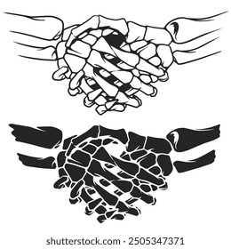 Handshake skeleton black and white illustration vector isolated