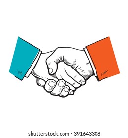 Handshake in sketch style, two arms are entering into a contract, agreement or friendship, vector contour illustration of conclusion of contract of parties