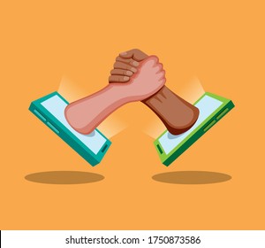 Handshake Smartphone to Support, Brown and White Skin hand Support Diversity Symbol Concept in Cartoon illustration Vector