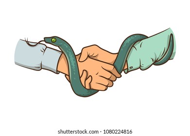 Handshake with a snake. Snake handshake. Green snake, two hands. Metaphor, symbol. Vector illustration on white background. Horizontal