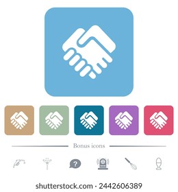 Handshake solid white flat icons on color rounded square backgrounds. 6 bonus icons included