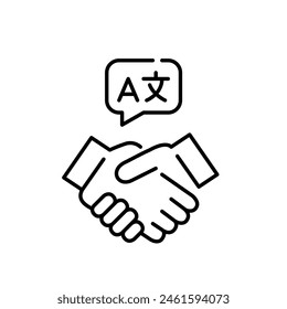 Handshake and speech bubble with languages symbols. Global communication and language exchange. Vector icon