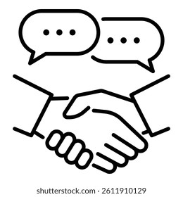 Handshake with speech bubbles icon, symbolizing communication, partnership, and mutual understanding. Represents business negotiation, teamwork, collaboration, and constructive dialogue