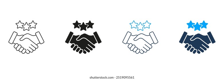 Apretón De Manos Con Pictograma De Estrellas. Mejor línea de asociación y conjunto de iconos de silueta. Símbolo de revisión de cliente. Comunicación Y Asistencia Empresarial. Trazo Editable. Ilustración vectorial aislada.