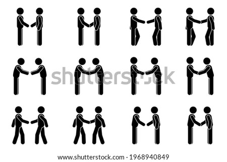 Handshake stick figure man side view poses postures vector illustration set. Stickman business partners at meeting deal agreement silhouette pictogram