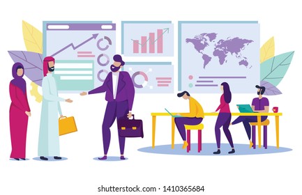 Handshake and Successful Contract Agreement between Caucasian Business Man and Arabic Partner with Wife. Office Workflow, Team Working Hard in Office to Achieve Goal, Cartoon Flat Vector Illustration