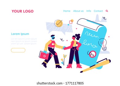 Handshake, successful partnership. Vector illustration for web banner, print, infographics, mobile website. Landing page template. Conclusion of a contract, cooperation, teamwork.