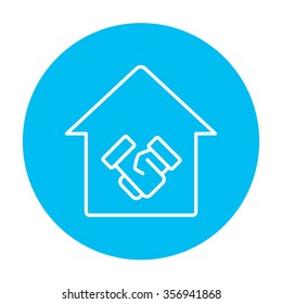 Handshake and successful real estate transaction line icon for web, mobile and infographics. Vector white icon on the light blue circle isolated on white background.