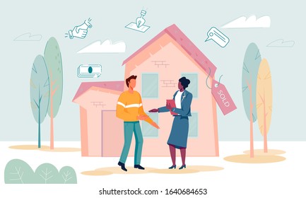 Handshake and successful real estate transactions conclusion scene with people characters. Property sale and rental concept. Housing search online services and agency. Flat vector illustration