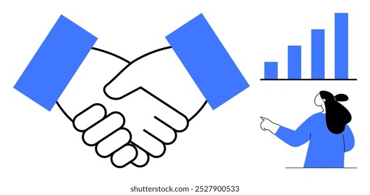 Símbolo de aperto de mão no centro, gráfico de barras na parte superior direita e mulher apontando para o gráfico na parte inferior direita. Ideal para parcerias de negócios, colaboração, contratos, crescimento e apresentações. Simples