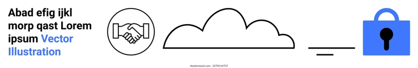 Handshake symbol, a cloud shape, and a blue lock icon. Ideal for cloud security, data protection, online privacy, secure transactions, and cloud computing. Banner for landing page