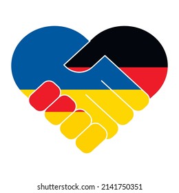 Handshake symbol in the colors of the national flags of Germany and Ukraine, forming a heart. The concept of peace, friendship. Flat vector illustration.