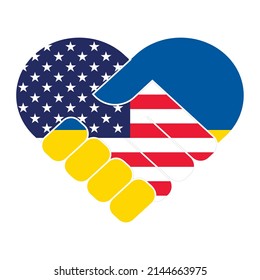 Handshake symbol in the colors of the national flags of USA and Ukraine, forming a heart. The concept of peace, friendship. Flat vector illustration.