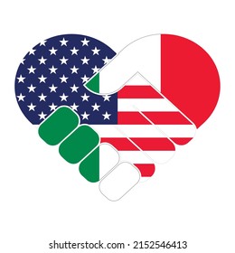 Handshake symbol in the colors of the national flags of USA and Italy, forming a heart. The concept of peace, friendship. Flat vector illustration.