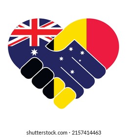 Handshake symbol in the colors of the national flags of Australia and Belgium, forming a heart. The concept of peace, friendship. Flat vector illustration.