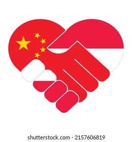 Handshake symbol in the colors of the national flags of China and Austria, forming a heart. The concept of peace, friendship. Flat vector illustration.