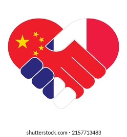 Handshake symbol in the colors of the national flags of China and France, forming a heart. The concept of peace, friendship. Flat vector illustration.